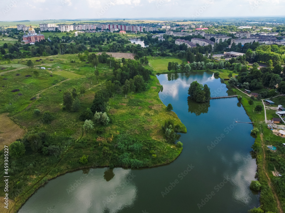 Lake and panorama of Noviy Rozdil aerial