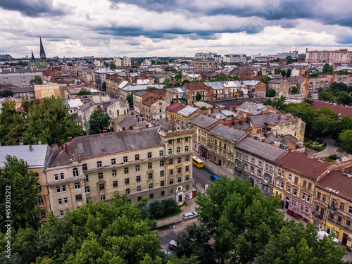 Lviv panorama Horodotskia street cloudy day Ukraine