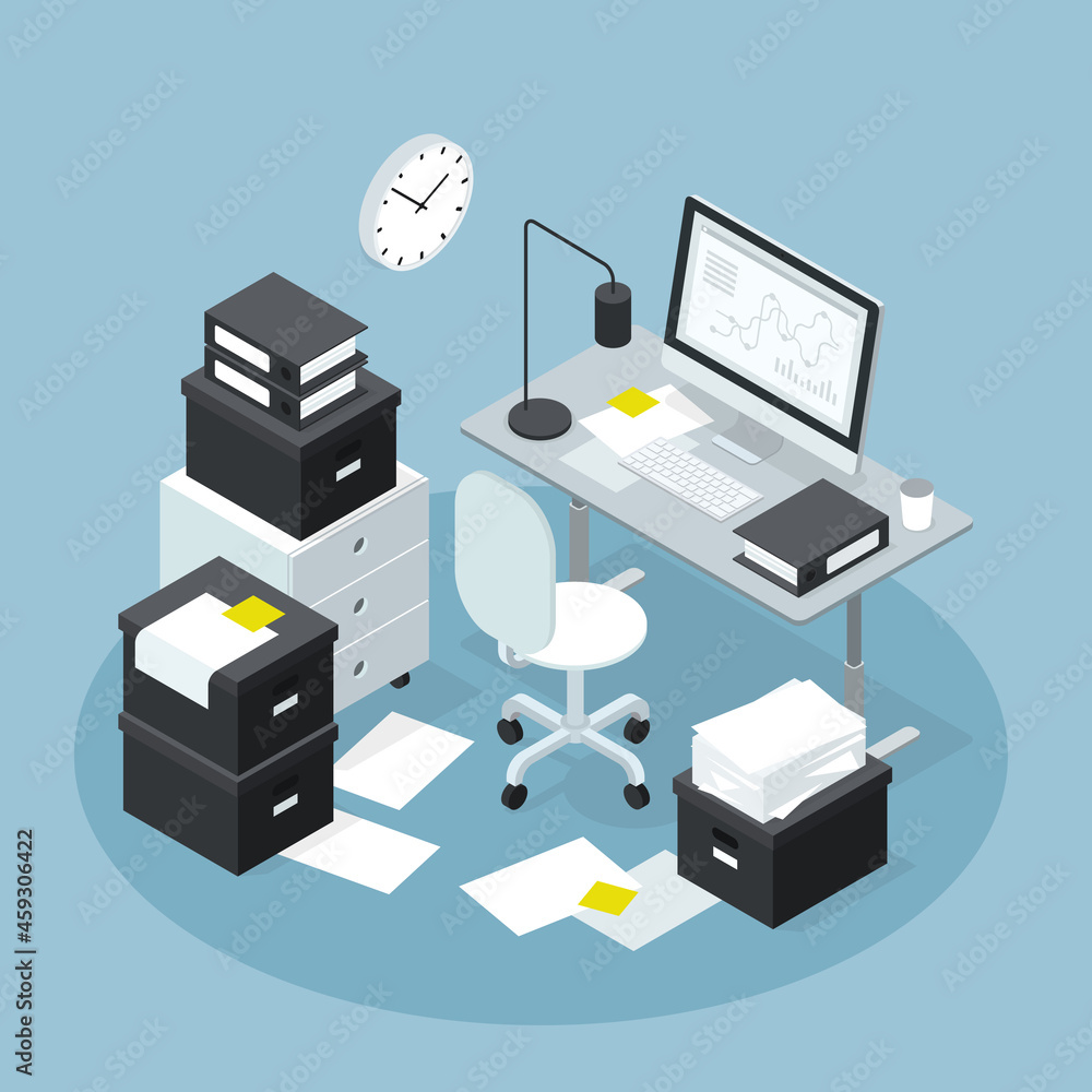 Isometric Office Workplace Papers Illustration