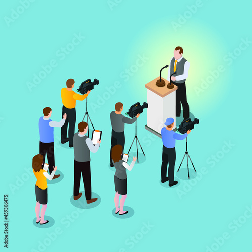 Press conference 3d isometric vector illustration concept for banner, website, landing page, ads, flyer