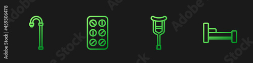 Set line Crutch or crutches, Walking stick cane, Pills blister pack and Bed. Gradient color icons. Vector