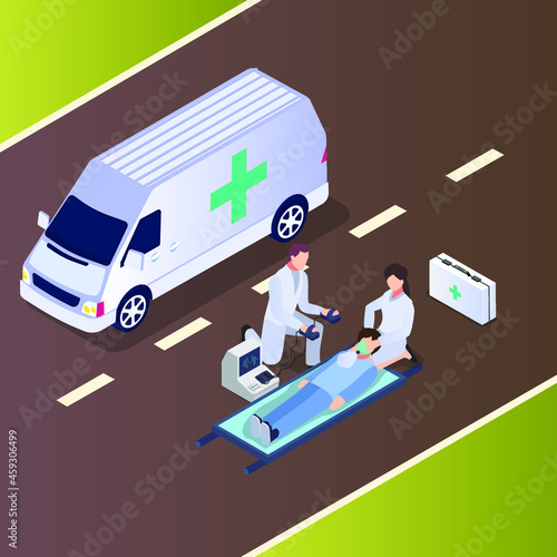 Medics trying to save hit-and-run victim 3d isometric vector illustration concept for banner, website, landing page, ads, flyer