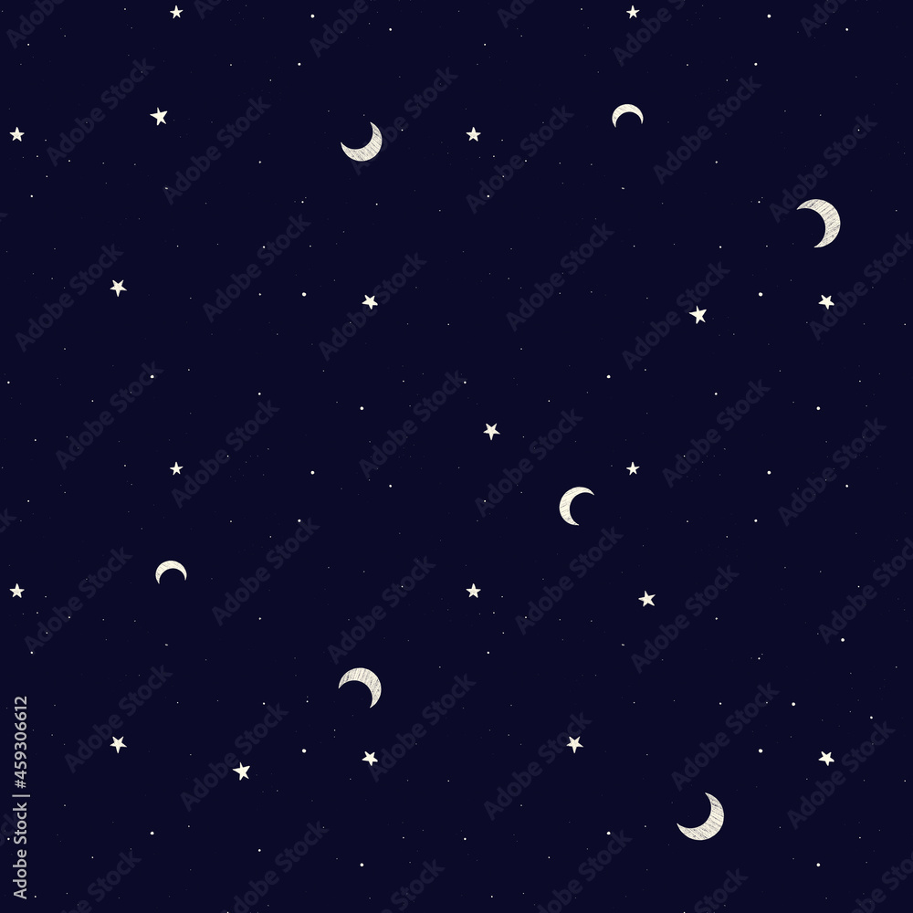 Dark blue night repeating seamless pattern with stars and moons