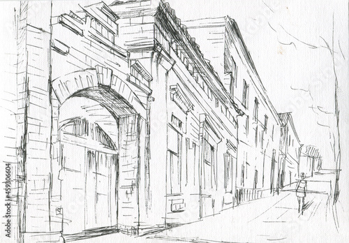 old building with an arch on the street sketch 
