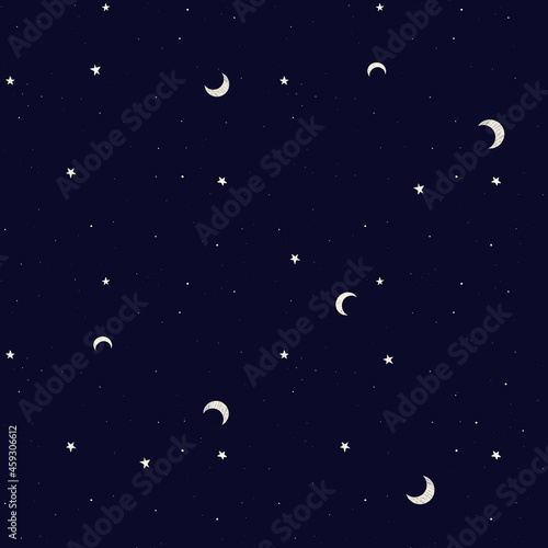Fototapeta Naklejka Na Ścianę i Meble -  Dark blue night repeating seamless pattern with stars and moons