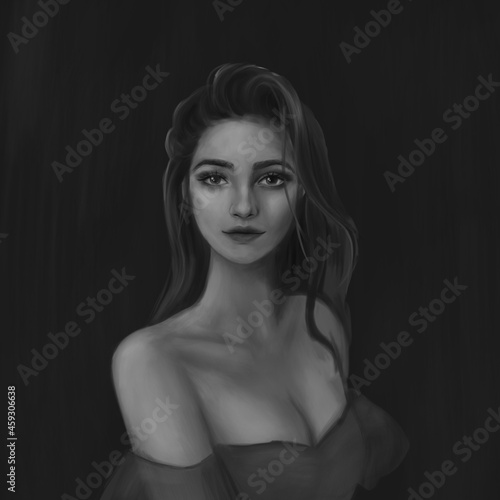 Black and white painted portrait of a beautiful girl a slight smile, with loose hair in a dress with bare shoulders and neckline on a dark background in realism. © Anna
