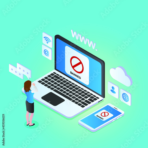 Panic businesswoman with banned internet account 3d isometric vector illustration concept for banner, website, landing page, ads, flyer