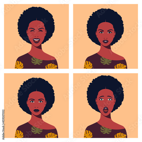Set of emotions of african woman's face. African american woman with different facial expressions. Avatars with different moods. Isolated vector illustration