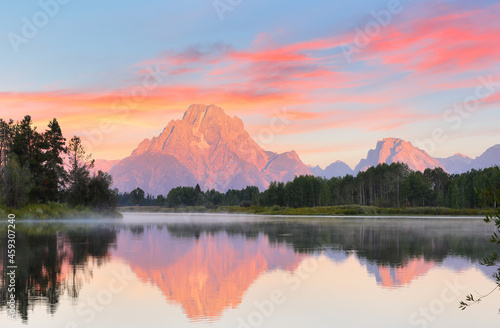 Overview of beautiful sunrise over Grand Teton National Park viewing from the Oxbow Bend Turnout  Wyoming USA