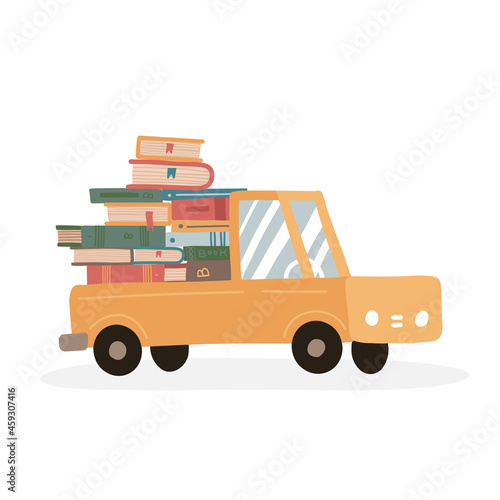 Stack of books in a cute truck. Delivery concept for online bookstore. Book pile from an online store. Flat vector illustration.
