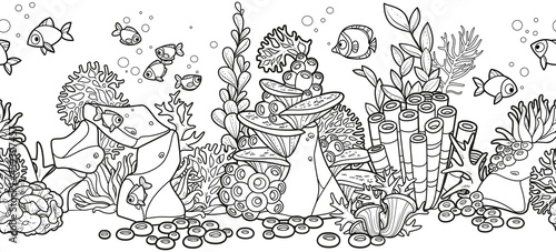 Horizontal seamless background from seabed and its inhabitants coral on stones, anemones, seaweed, fishes and sponges linear drawing for coloring page