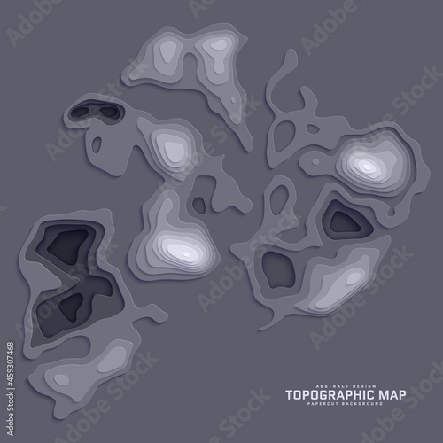 Topographic map in paper cut style. 3d abstract background with cut out waves modern cover. Dark color holes and mountains papercut art. Vector card illustration and origami smooth geometric shapes
