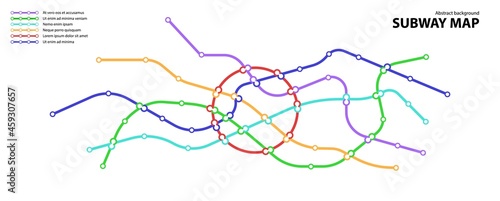 Subway map. Template of fictional town public transport scheme for underground transition road. Metro or bus abstract traffic pattern with circular color routes. Vector card illustration for design.
