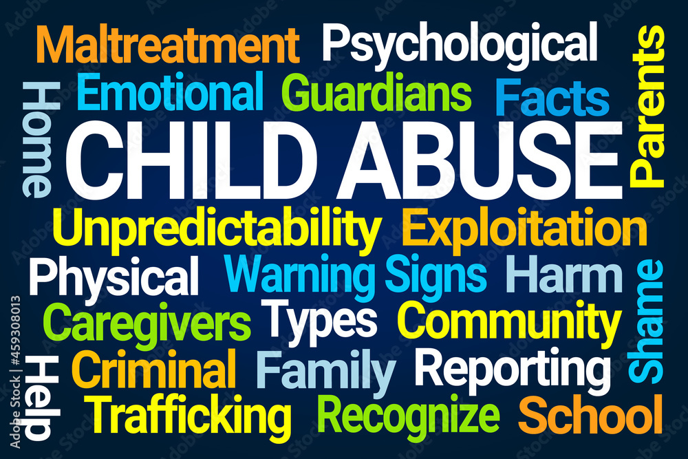 Child Abuse Word Cloud on Blue Background