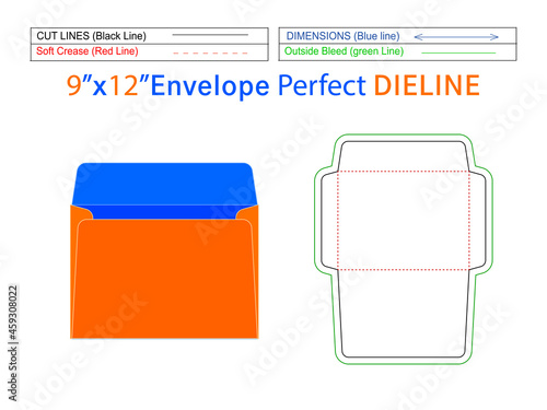 Editable easily resizable 9x12 inch Booklet envelope dieline template and 3D envelope