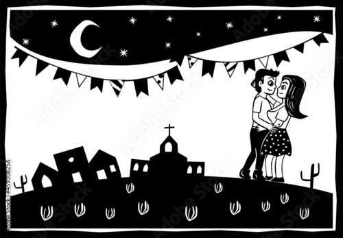 Couple dancing forró in a June party, art in woodcut style. Literature of twine. Xilogravura e literatura de cordel