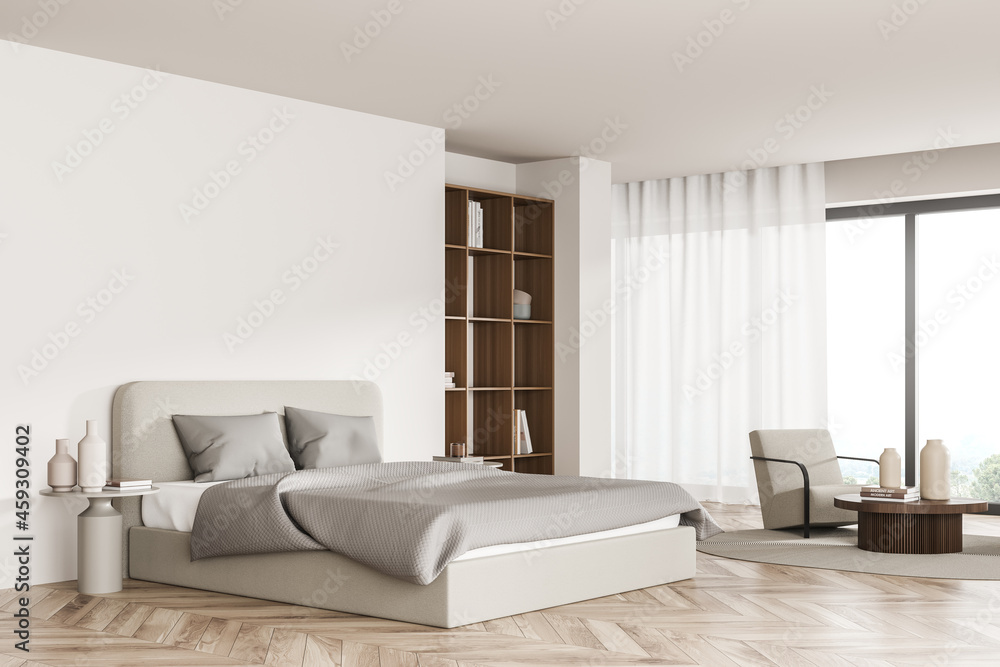 Fototapeta premium Bright bedroom interior with panoramic window, armchair, large bed