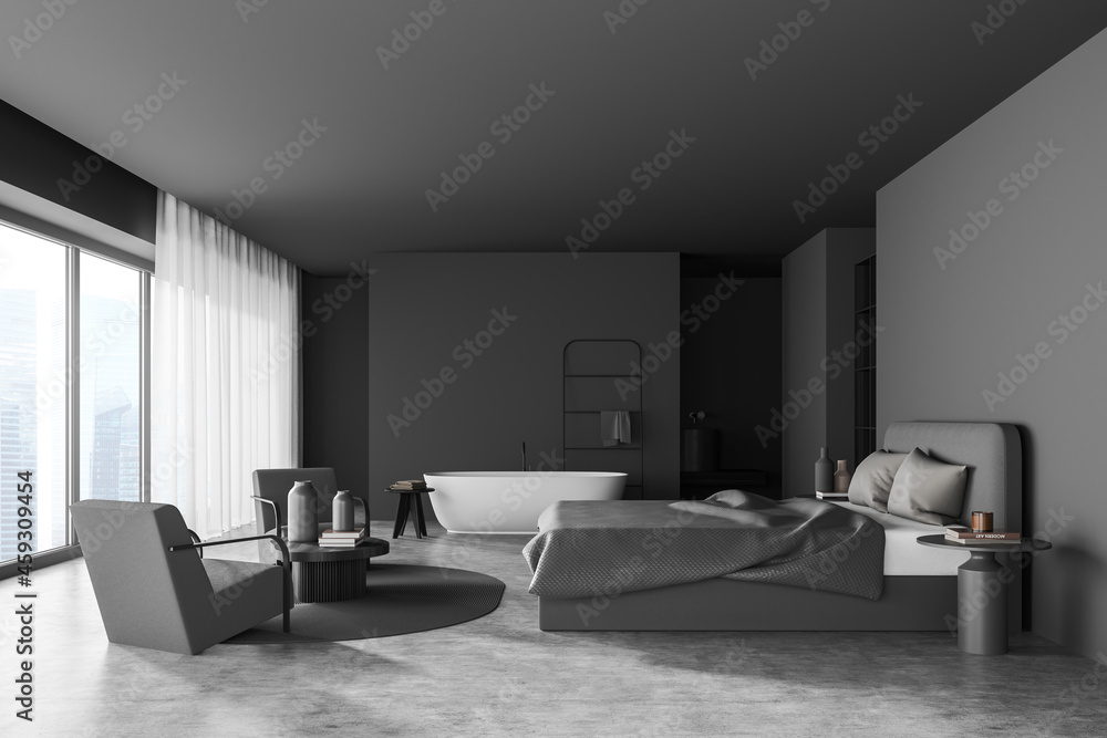 Dark bedroom interior with large bed, panoramic window, two armchairs Dark bedroom interior with large bed, panoramic window, two armchairs
