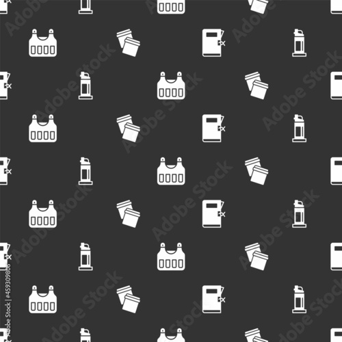 Set Police station folder, Pepper spray, Bulletproof vest and Plastic bag with ziplock on seamless pattern. Vector