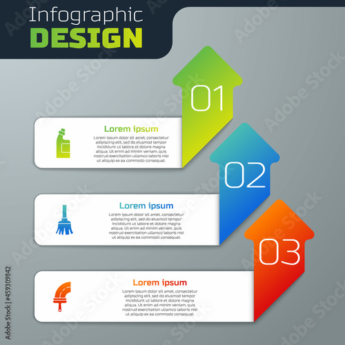 Set Bottle for cleaning agent, Feather broom and Rubber cleaner windows. Business infographic template. Vector