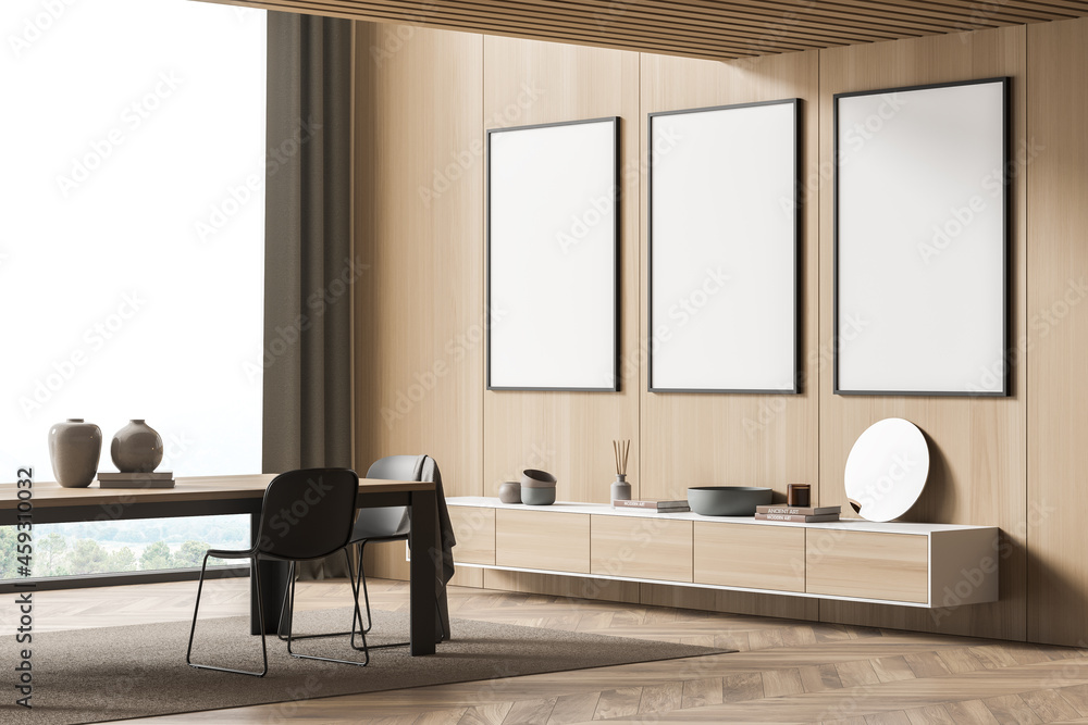 Panoramic wooden living space with three canvases. Corner view. Panoramic wooden living space with three canvases. Corner view.