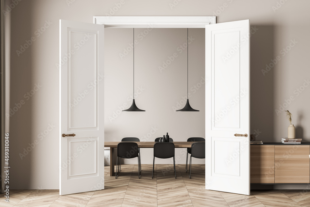 Bright living room interior with six chairs, table, doors, sideboard Bright living room interior with six chairs, table, doors, sideboard