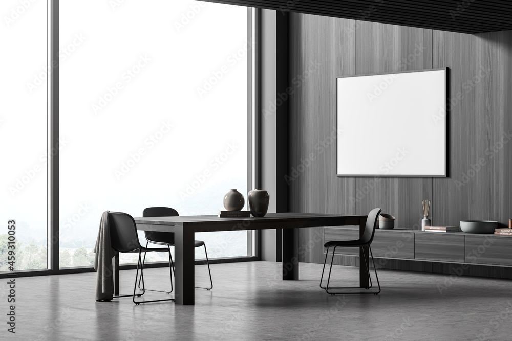 Canvas on wall of panoramic grey living space with table. Corner view. Canvas on wall of panoramic grey living space with table. Corner view.