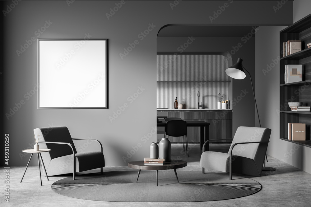 Grey living room with square frame and kitchen Grey living room with square frame and kitchen
