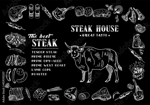 Meat flyer template illustration. Hand drawn illustration. Pieces of meat design template. Design element for poster, menu, flyer, banner, menu, package.
