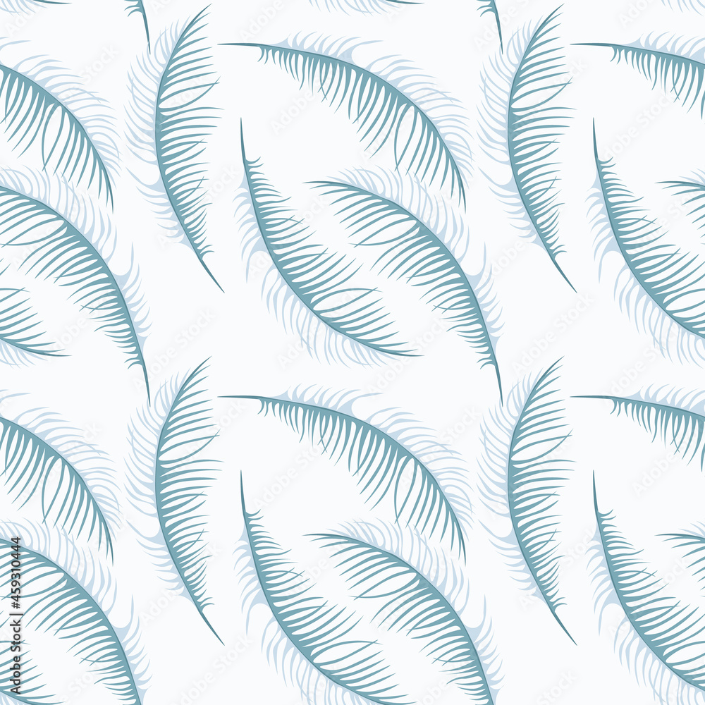 Seamless pattern of pastel light blue feathers on a white background. Repeating vector texture is suitable for invitations, banners, postcards, film, tiles, cover, fabric and other decor.