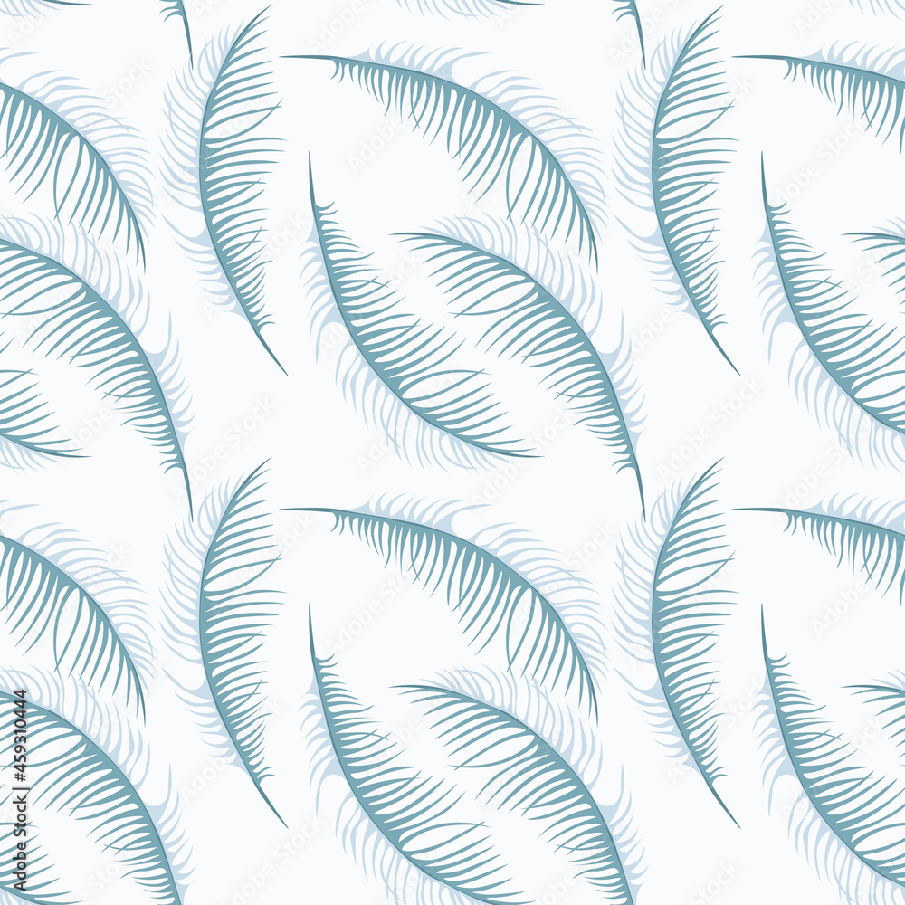 Seamless pattern of pastel light blue feathers on a white background. Repeating vector texture is suitable for invitations, banners, postcards, film, tiles, cover, fabric and other decor. Seamless pattern of pastel light blue feathers on a white background. Repeating vector texture is suitable for invitations, banners, postcards, film, tiles, cover, fabric and other decor.