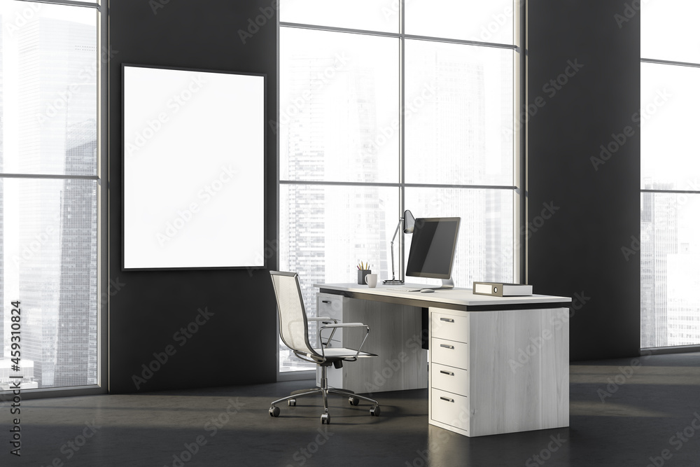 Dark office room interior with empty white poster, panoramic window