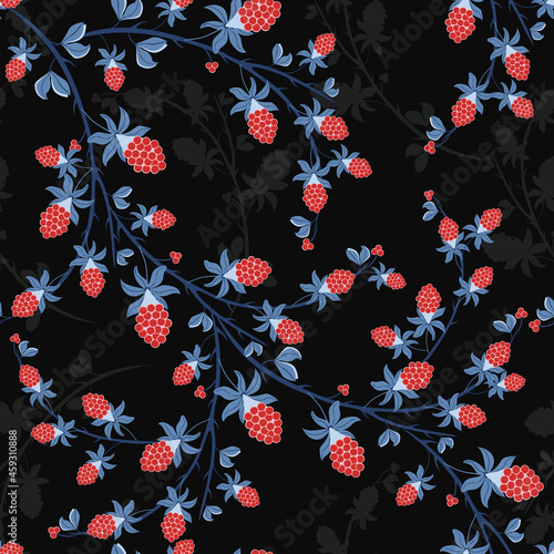 Abstract berry background. Seamless stylish pattern with elements of blackberry or raspberry in blue and red colors. Repeating design for wallpaper, packaging, textile, print, cover