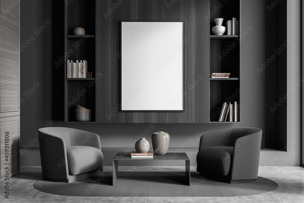 Stylish shelf with mockup canvas in dark grey seating area Stylish shelf with mockup canvas in dark grey seating area