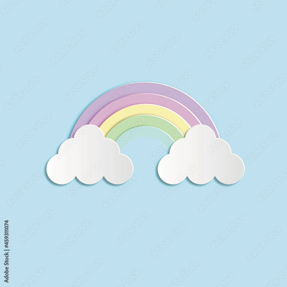 Pastel colorful of rainbow and clouds on blue background as paper craft style. Vector illustration.