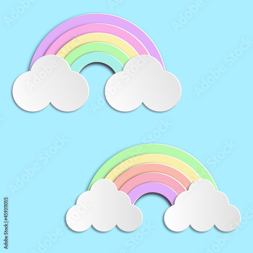 Set of pastel colorful of rainbow and clouds on blue backgroud as paper craft style. Vector illustration.