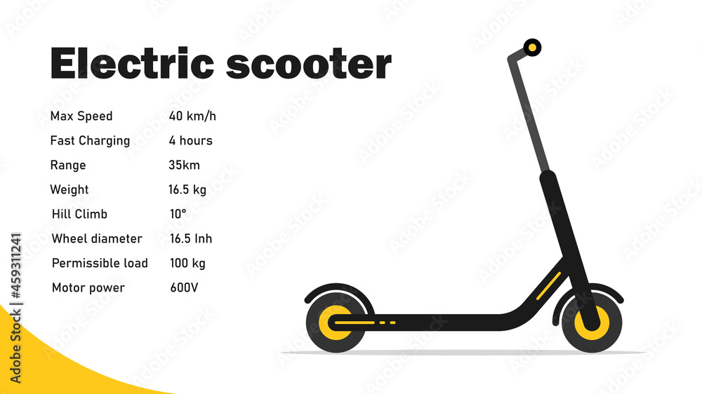 Electric scooter with technical characteristics. Kick scooter performance concept. Banner Page. Flat style. Vector illustration Electric scooter with technical characteristics. Kick scooter performance concept. Banner Page. Flat style. Vector illustration