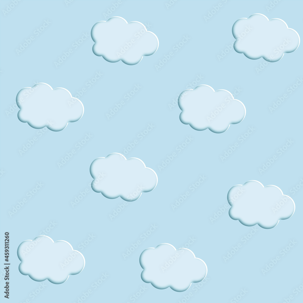 Vector illustration of light cumulus clouds on blue background as paper cut sytle for seamless pattern.