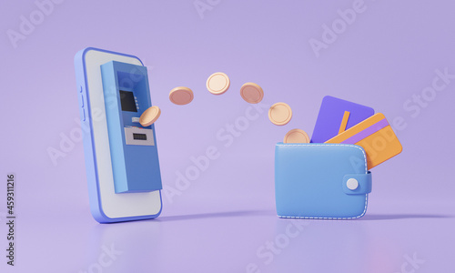 ATM on Smartphone transfer coins money into wallet, Cashback concept. Finance saving. exchange investment on Purple background. 3d rendering illustration photo