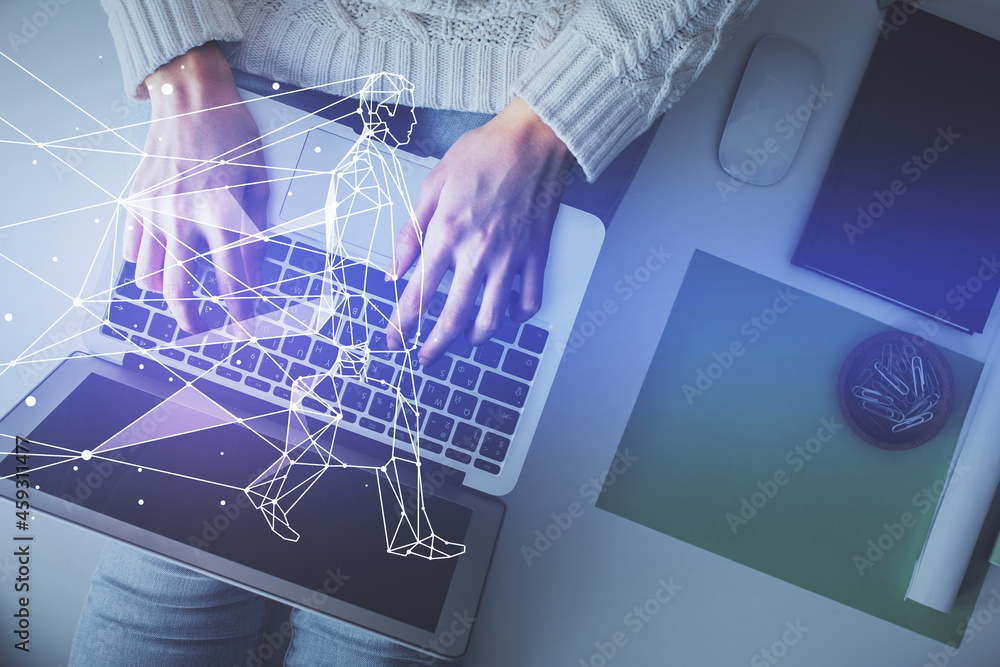 Double exposure of woman hands working on computer and creative hologram drawing. Top View. Start up concept. Double exposure of woman hands working on computer and creative hologram drawing. Top View. Start up concept.