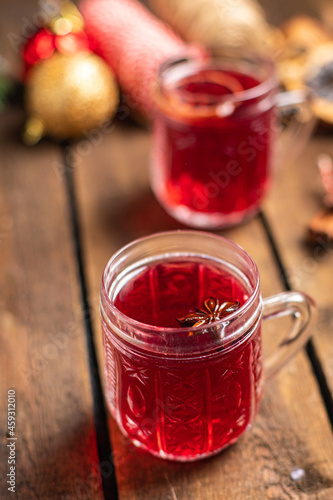 mulled wine christmas drink new year background spice juice star anise, cinnamon cozy fresh hot sweet beverage meal on the table copy space food rustic 