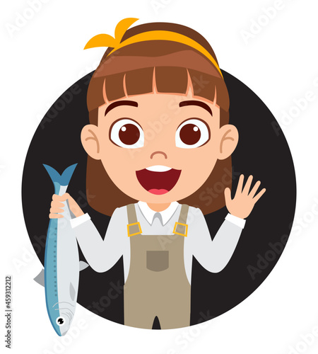 Cute happy kid girl fisherwoman character avatar