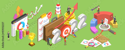 3D Isometric Flat Vector Conceptual Illustration of 2022 - Successful Year of Financial Opportunities, Business Plans and Goals