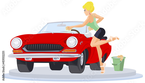 Beautiful girl washes car. Illustration for internet and mobile website.