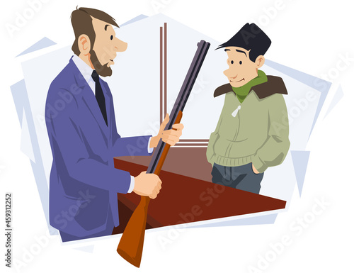 Guy in gun shop. Man talking with vendor. Illustration for internet and mobile website.