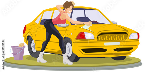 Beautiful girl washes car. Illustration for internet and mobile website.