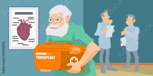 Man in medical uniform. Medic with box for transporting organs. Illustration for internet and mobile website.