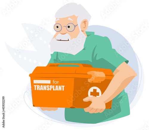 Man in medical uniform. Medic with box for transporting organs. Illustration for internet and mobile website.