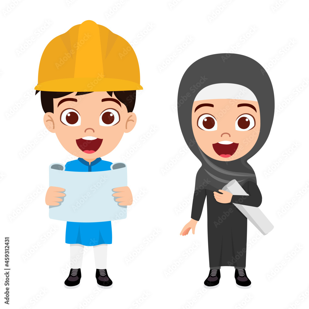 Happy cute kid boy and girl character wearing Arab Muslim businessman and engineer outfits isolated and holding files