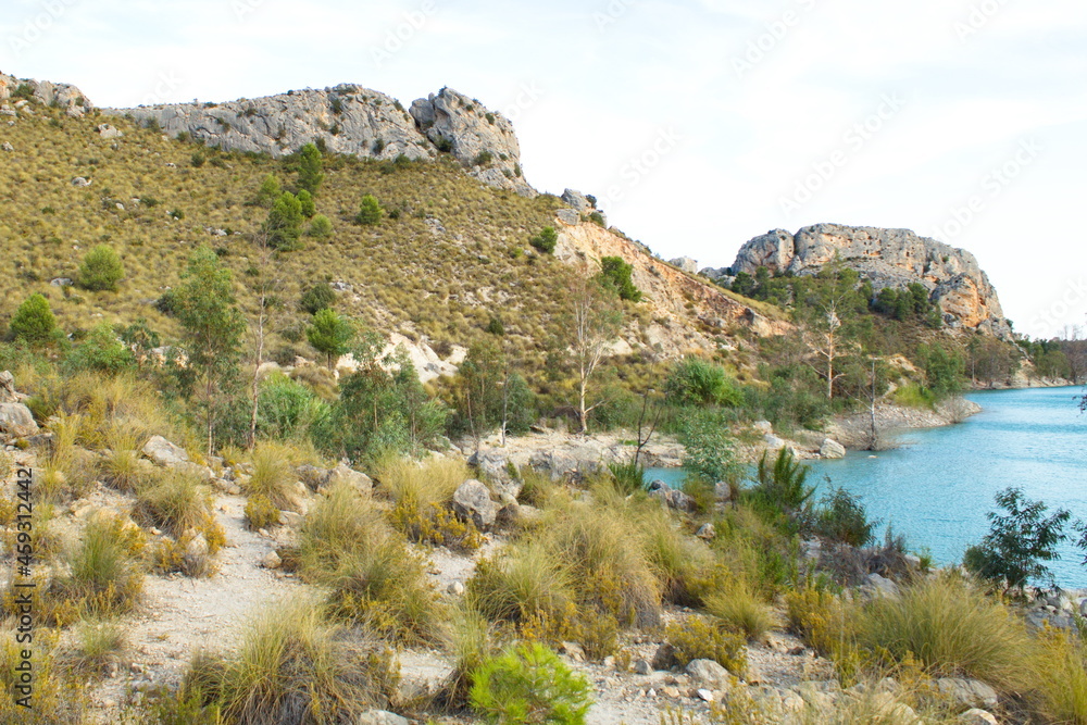 Nice inland landscape of Murcia with scrubland and a blue water swamp